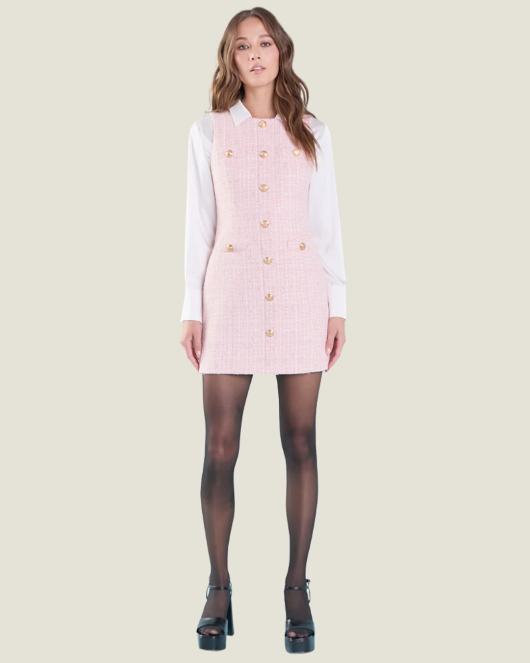 The Belle: Buttoned Pink Tweed Mini Dress S The Belle: Buttoned Pink Tweed Mini Dress S