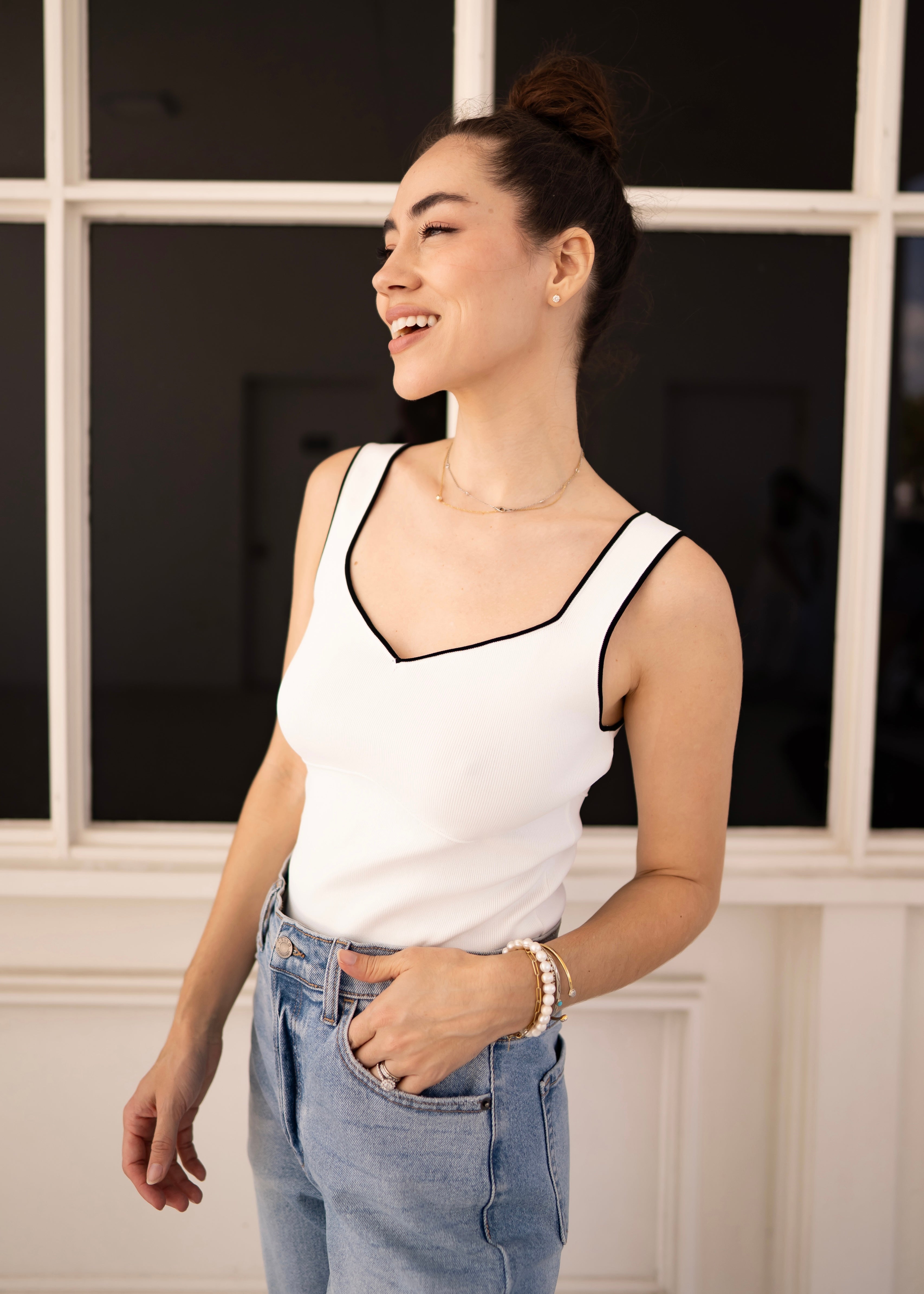 The Sofia Staple: Contrast Binding Sweetheart Knit Top
