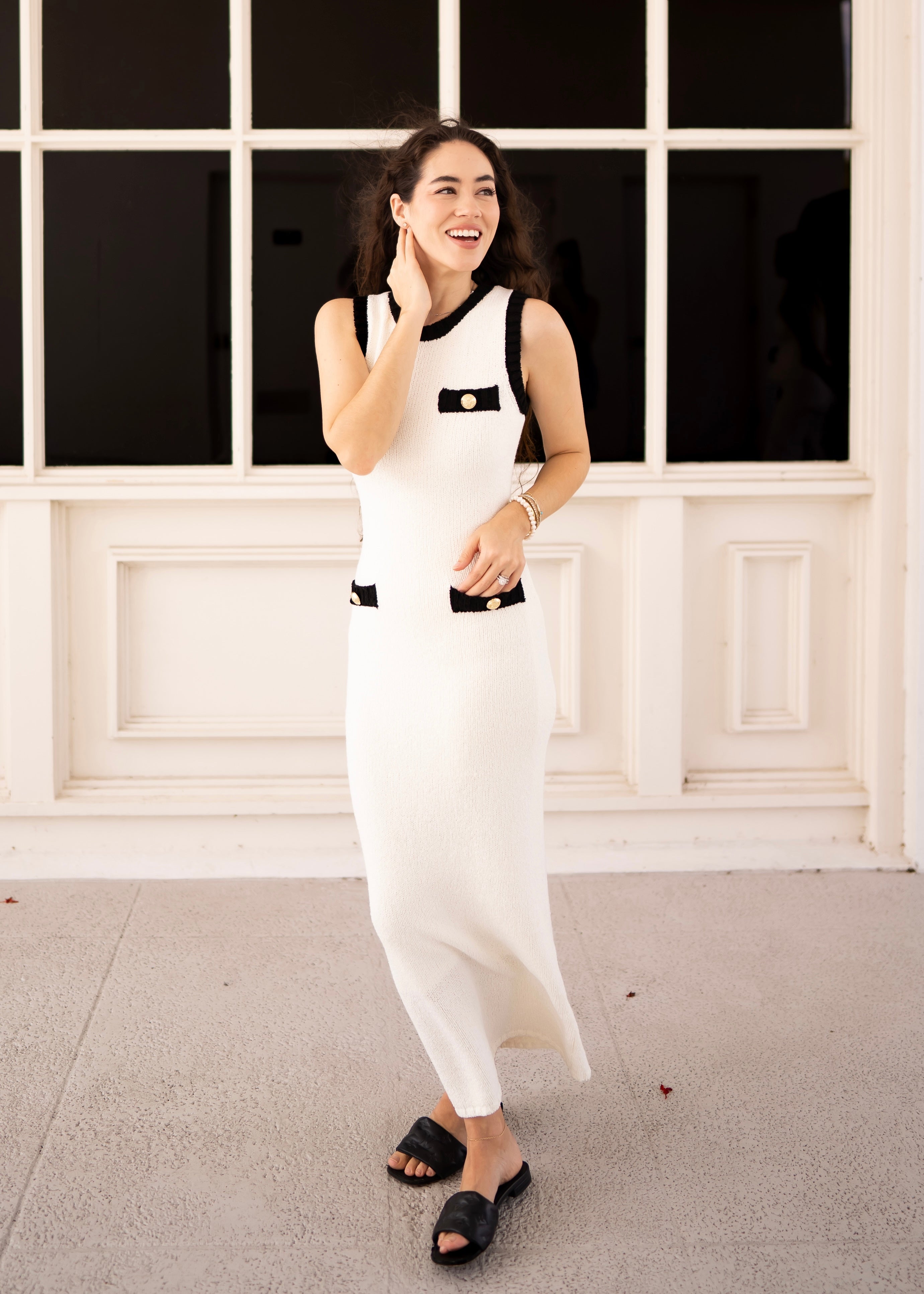 Chanel Summer: Ivory & Black Crochet Knit Sleeveless Maxi Dress