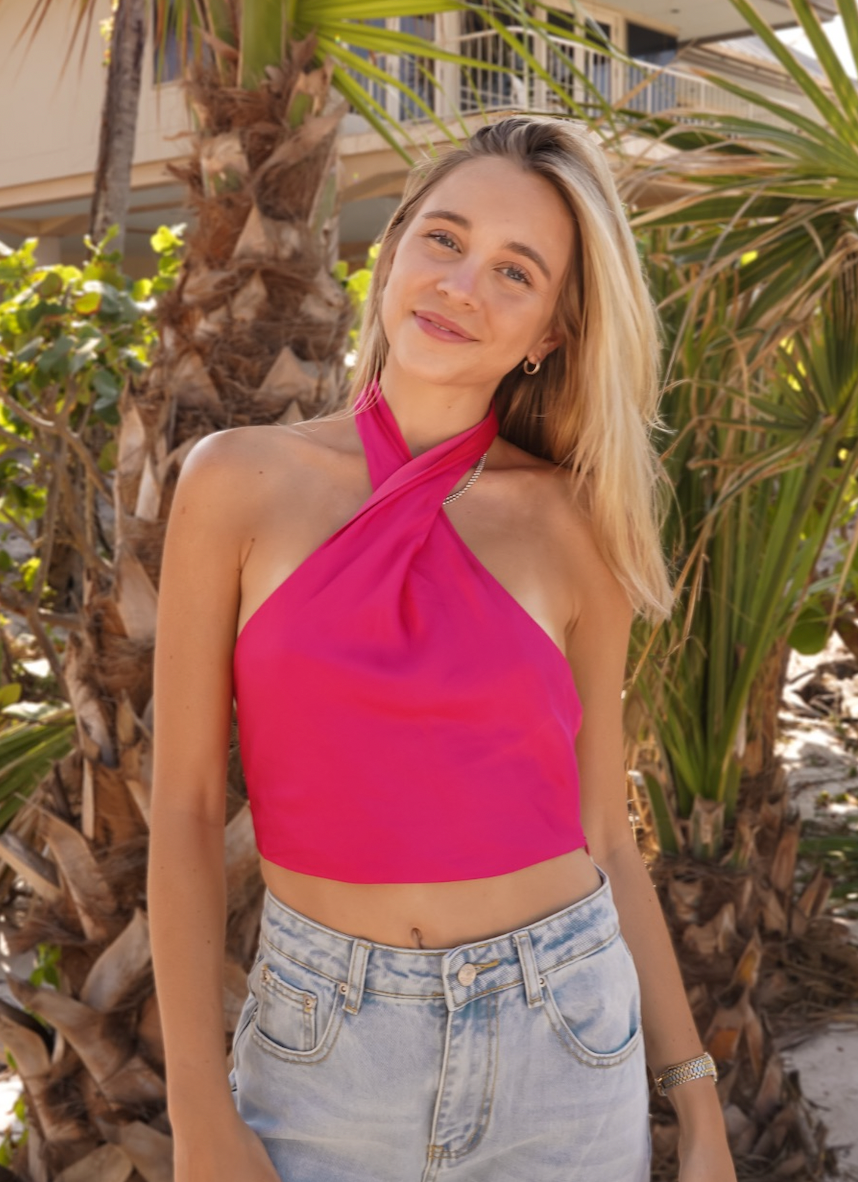 Hot Girl Summer: Pink Halter Satin Crop Top