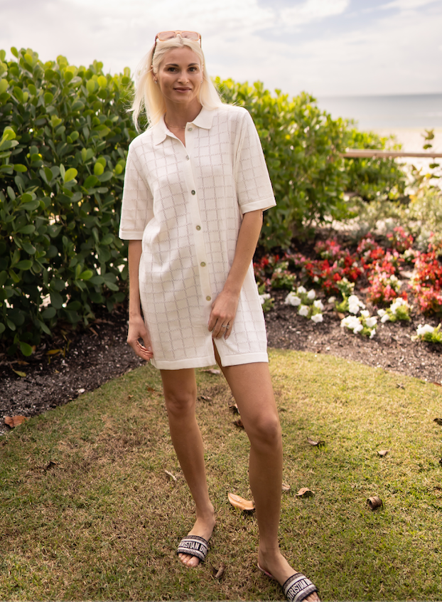 Naples Pier: White Short Sleeve Knit Button Up Mini Dress