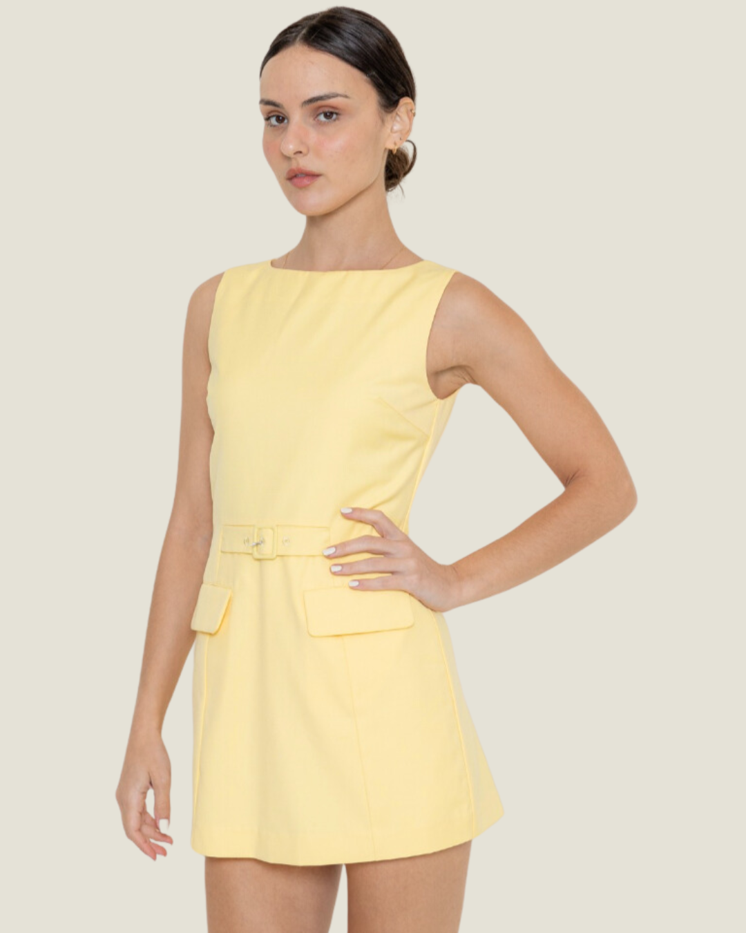 The Sunflower: Yellow Sleeveless Crewneck Waistband Detail Romper