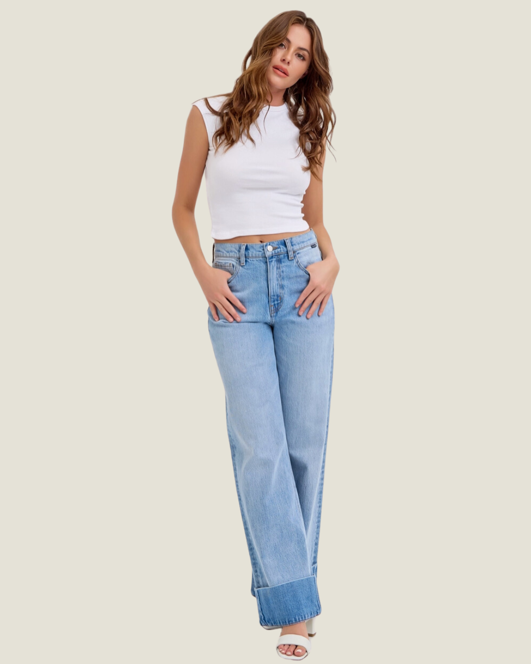 Light Wash Cuff Hem Jeans