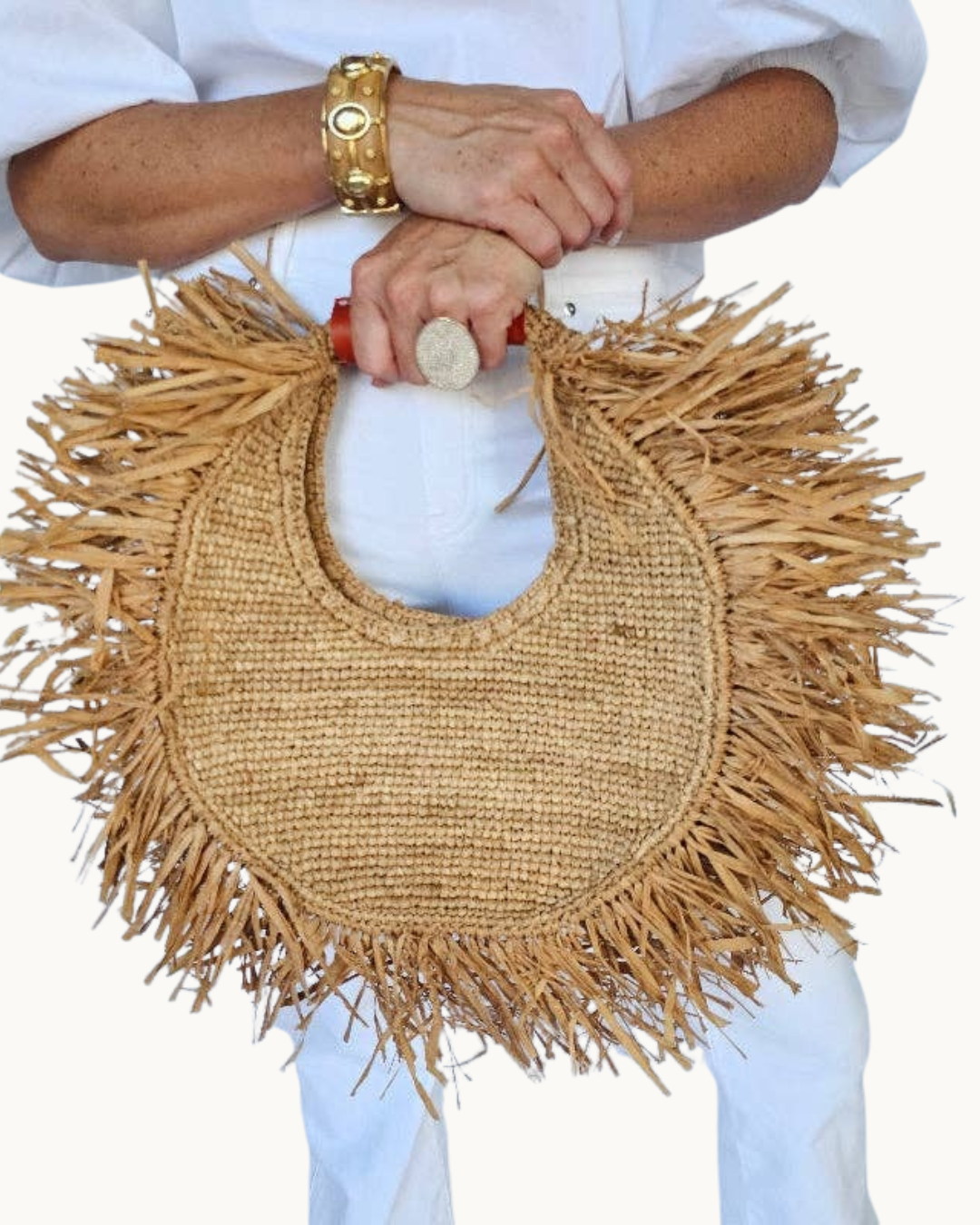 Cleo Fringe Round Natual Raffia Bag