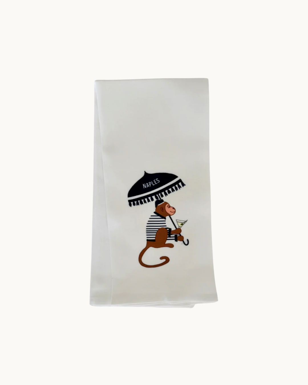 Naples martini monkey printed on a white kitchen towel. 