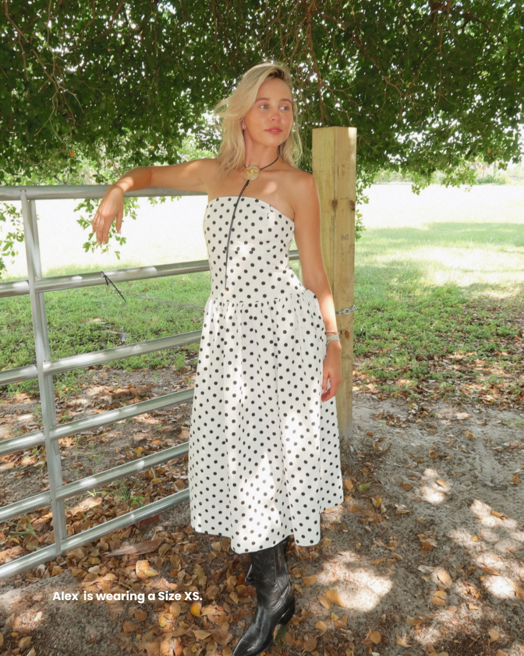 The Juliana Strapless Polkadot Midi Dress- a strapless dress with a drop waist by Endless Rose.Available at Love Celine a women’s boutique in SWFL.
