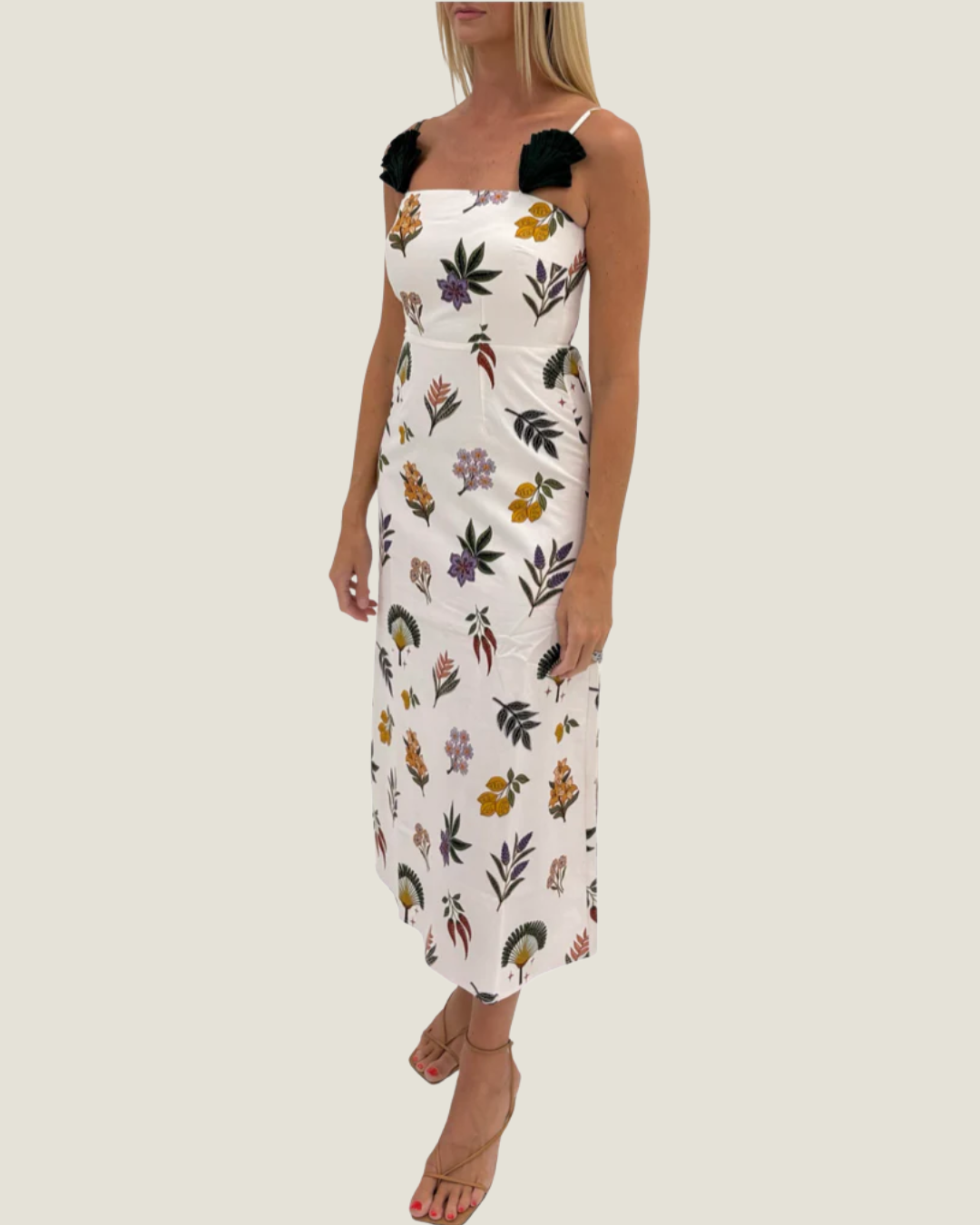 Bonnie Midi Dress in White Leaf
