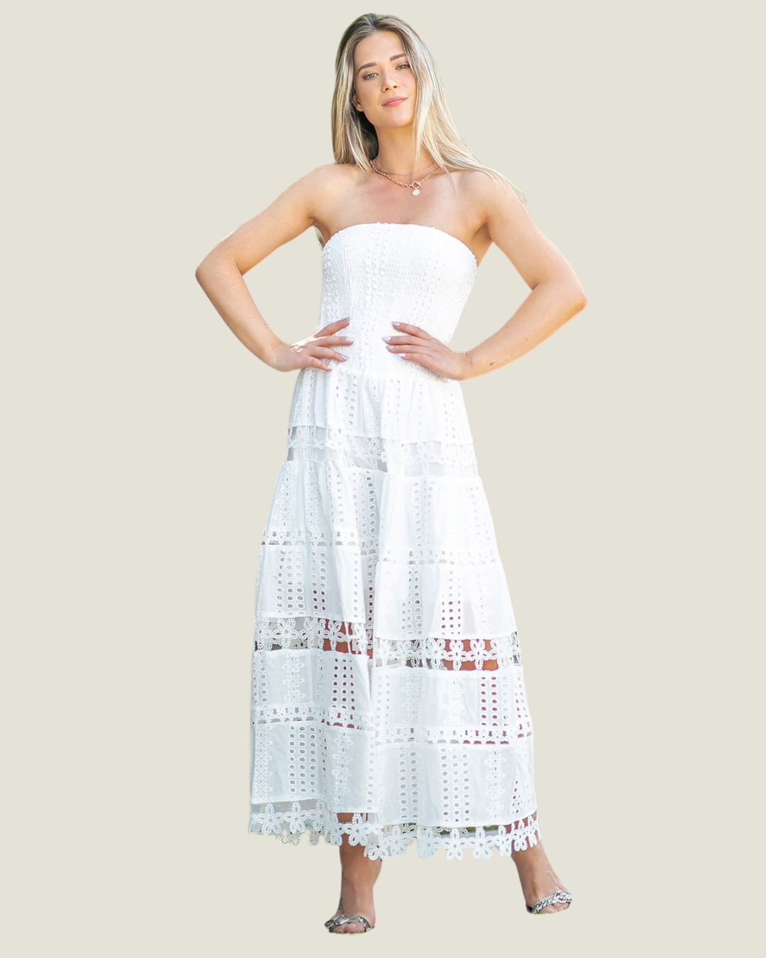 MaryAnn White Eyelet Midi Dress