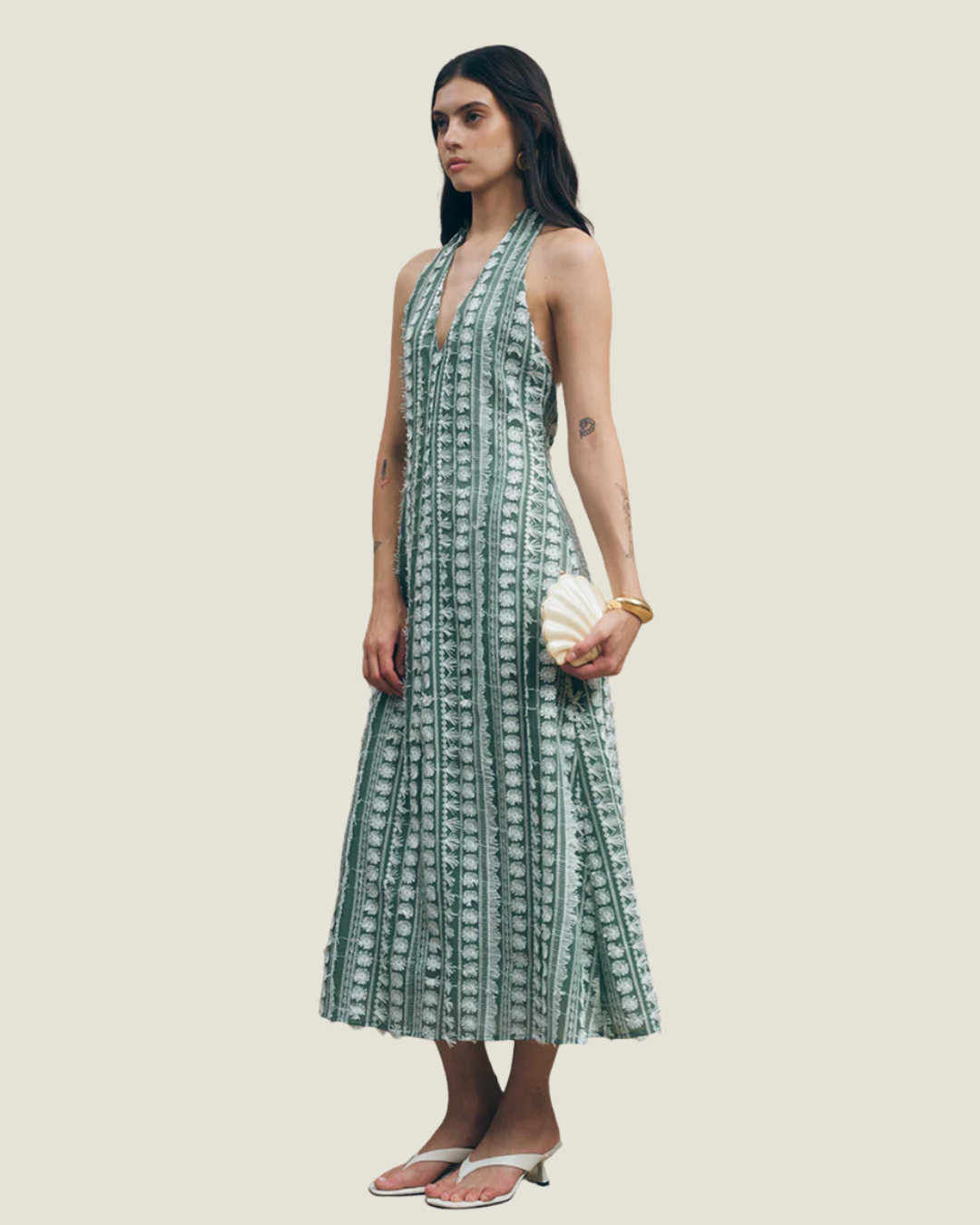 Tussah Embroidered Halter Midi Dress