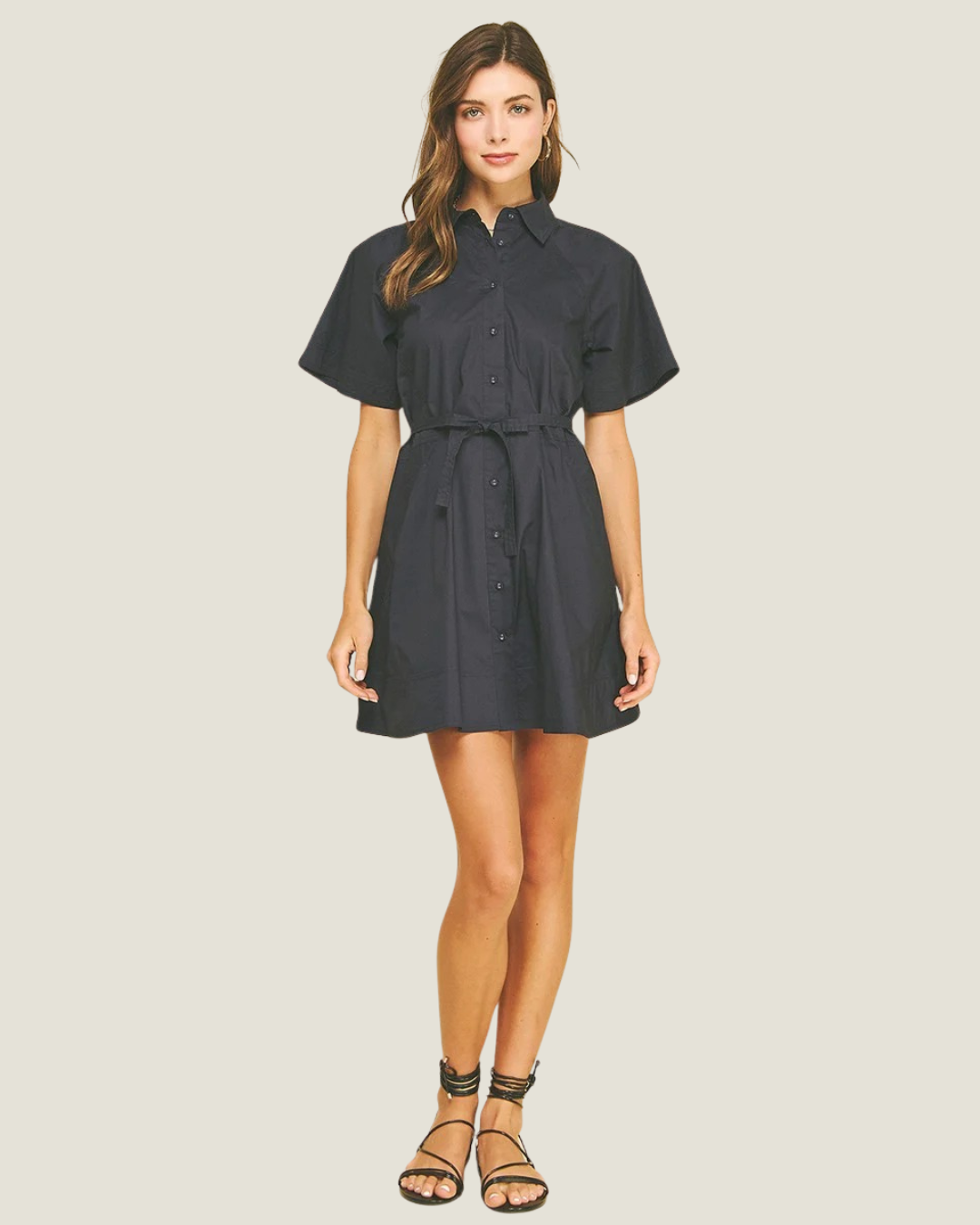 Button Down Black Mini Dress with Adjustable Waist Tie. 