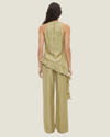 Women's Eadie Asymmetrical Draped Top in green and purple, featuring a silky satin finish, cowl neckline, and statement asymmetric flounce hem.
