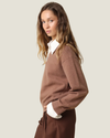 Women's Alina Collar Knit Sweater in brown with a contrast white pointed collar, button-front neckline, and long sleeves.