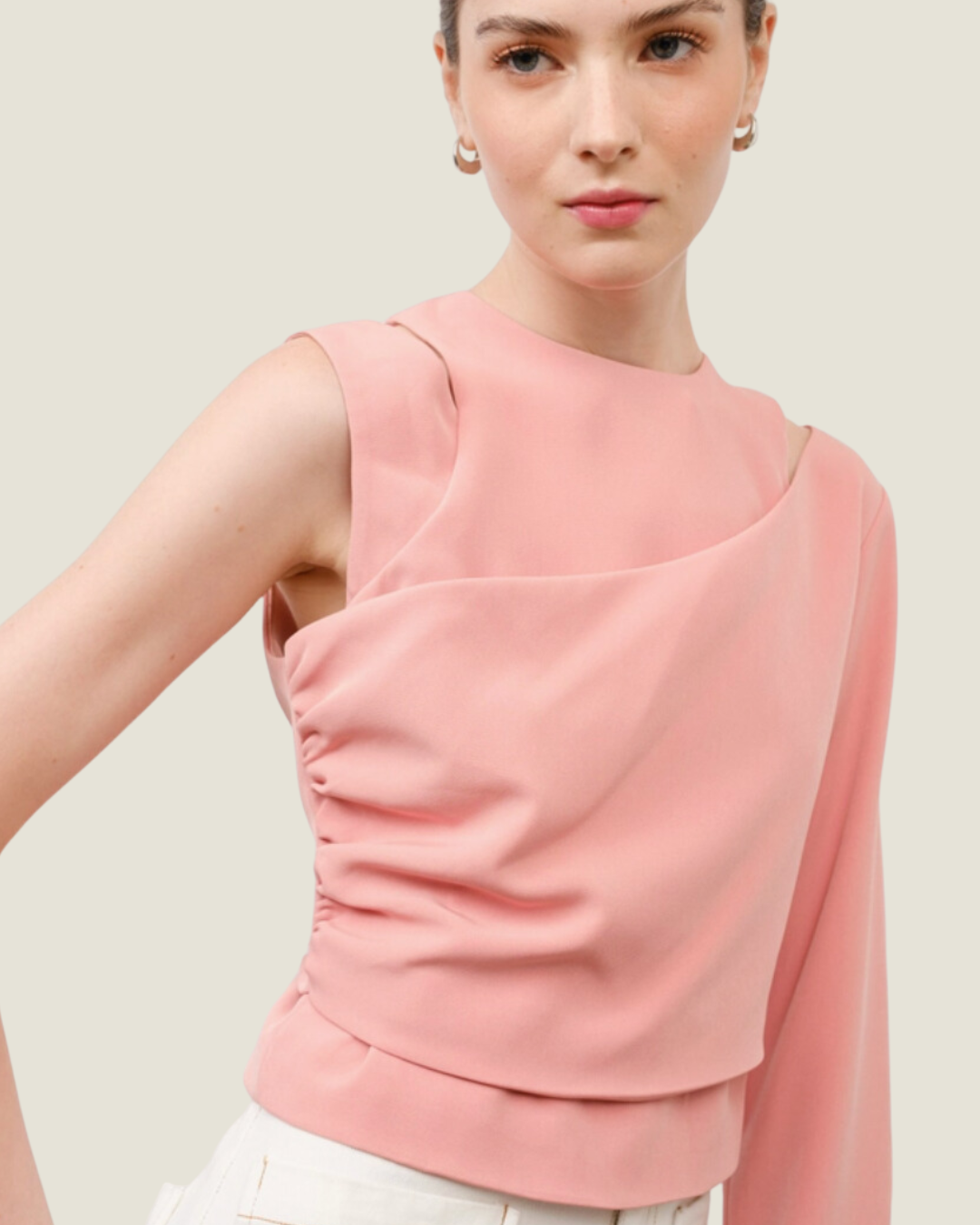 The Lena: Blush Round Neck Asymmetrical Sleeve Cut-Out Crop Top