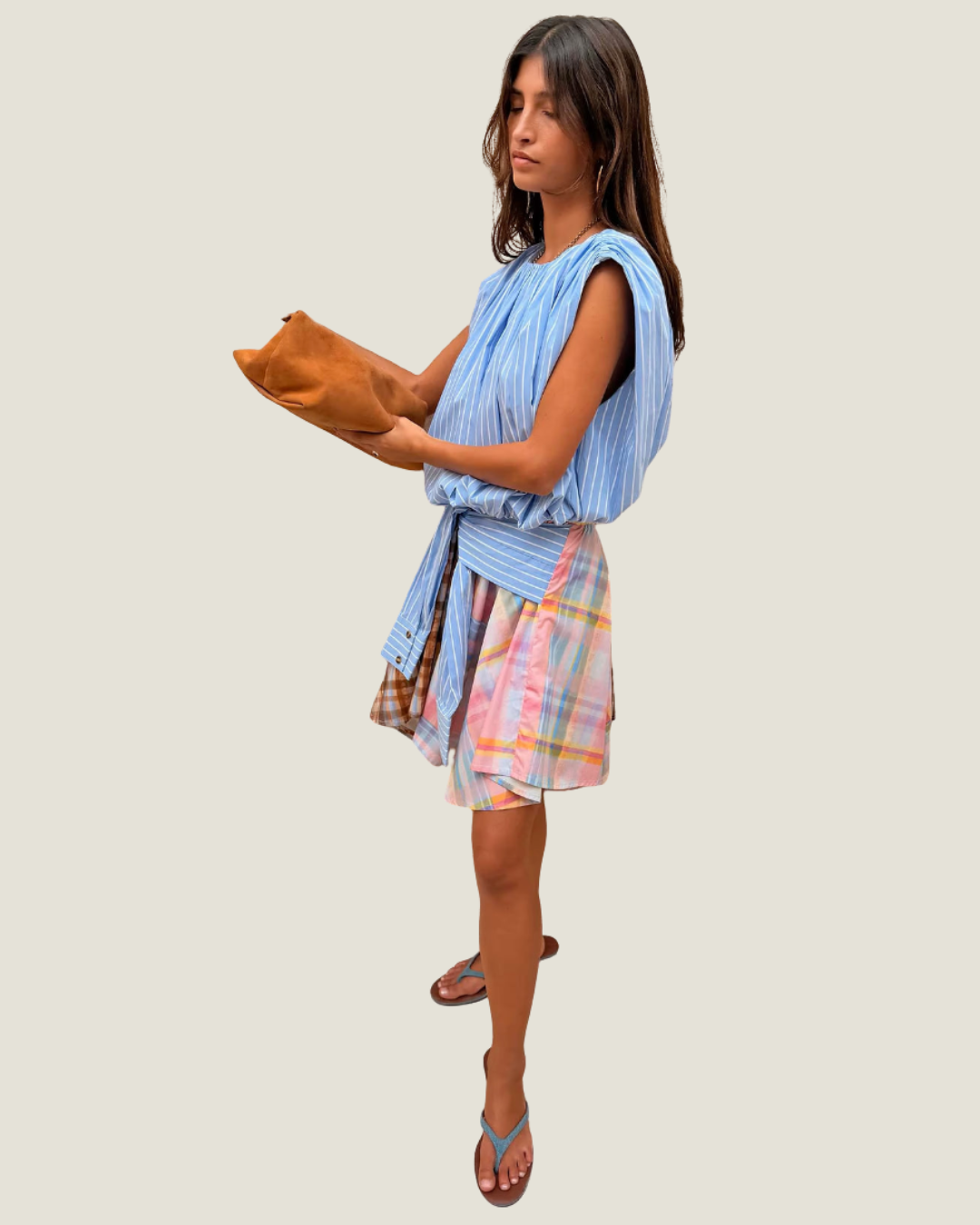 Check Asymmetric Mini Skirt with Stripe Detail