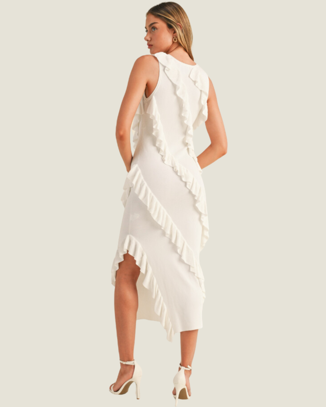 The Katherine: Asymmetric Ruffle Knit Midi Dress