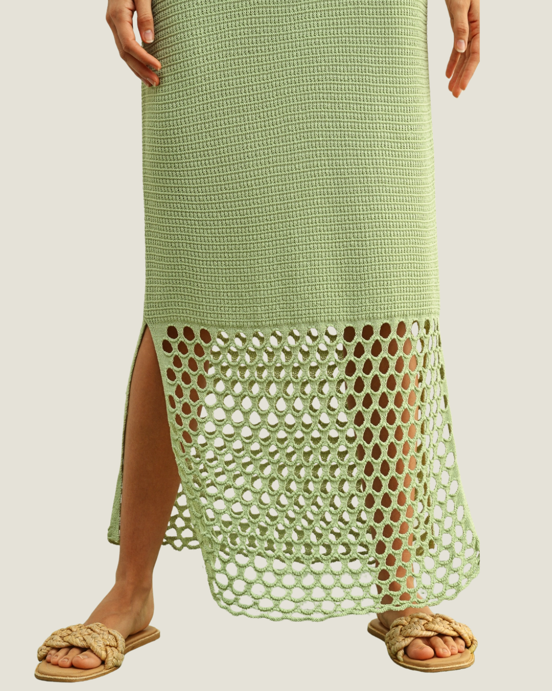 Mint Midi Dress with Mesh Middle and Knit Material. 