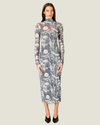 Women's Moonfall Mesh Midi Dress featuring a fitted column silhouette, sheer stretch mesh, mock neckline, and long sleeves.
