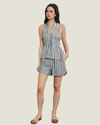 A chambray striped deep plunging halter top!