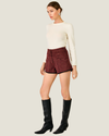 Women's Norma Check Shorts by style LJ9726B-1 featuring a check pattern, contrast collar, snap-button details, and fully lined construction.