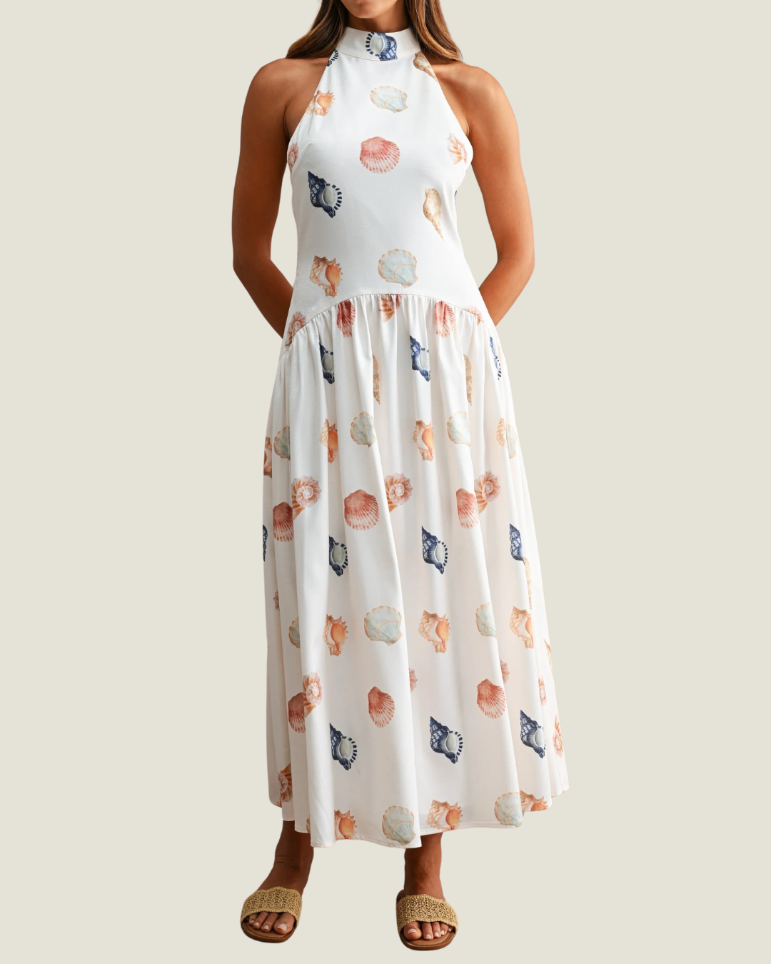 Marina Shell Print Drop Waist Halter Dress