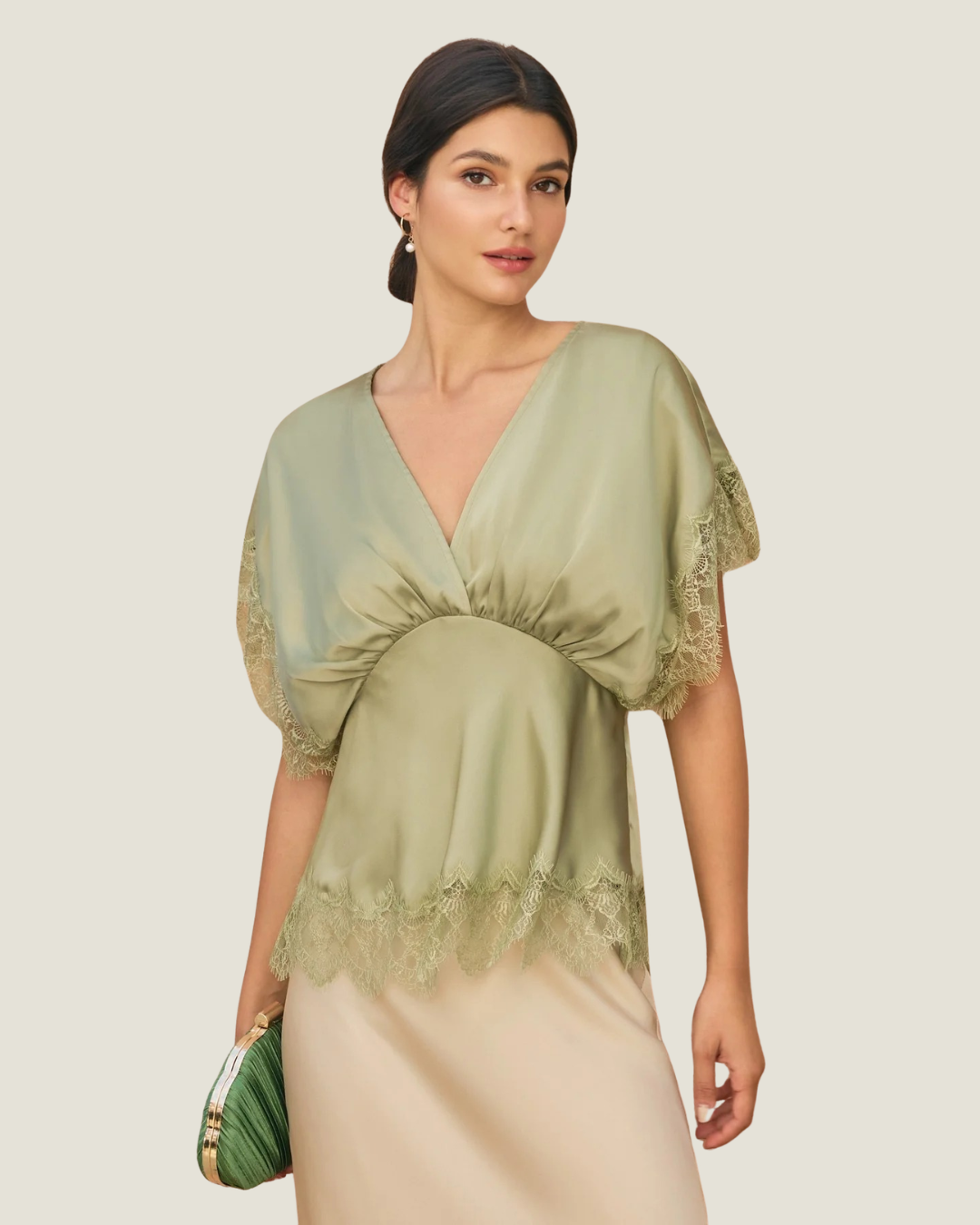 Celine Sage Green Satin Lace Trim Top