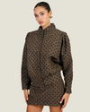 Women's Millie Polka Dot Tweed Jacket by Line & Dot featuring flocked polka dots, padded shoulders, a mock neckline, and button-front closure.
