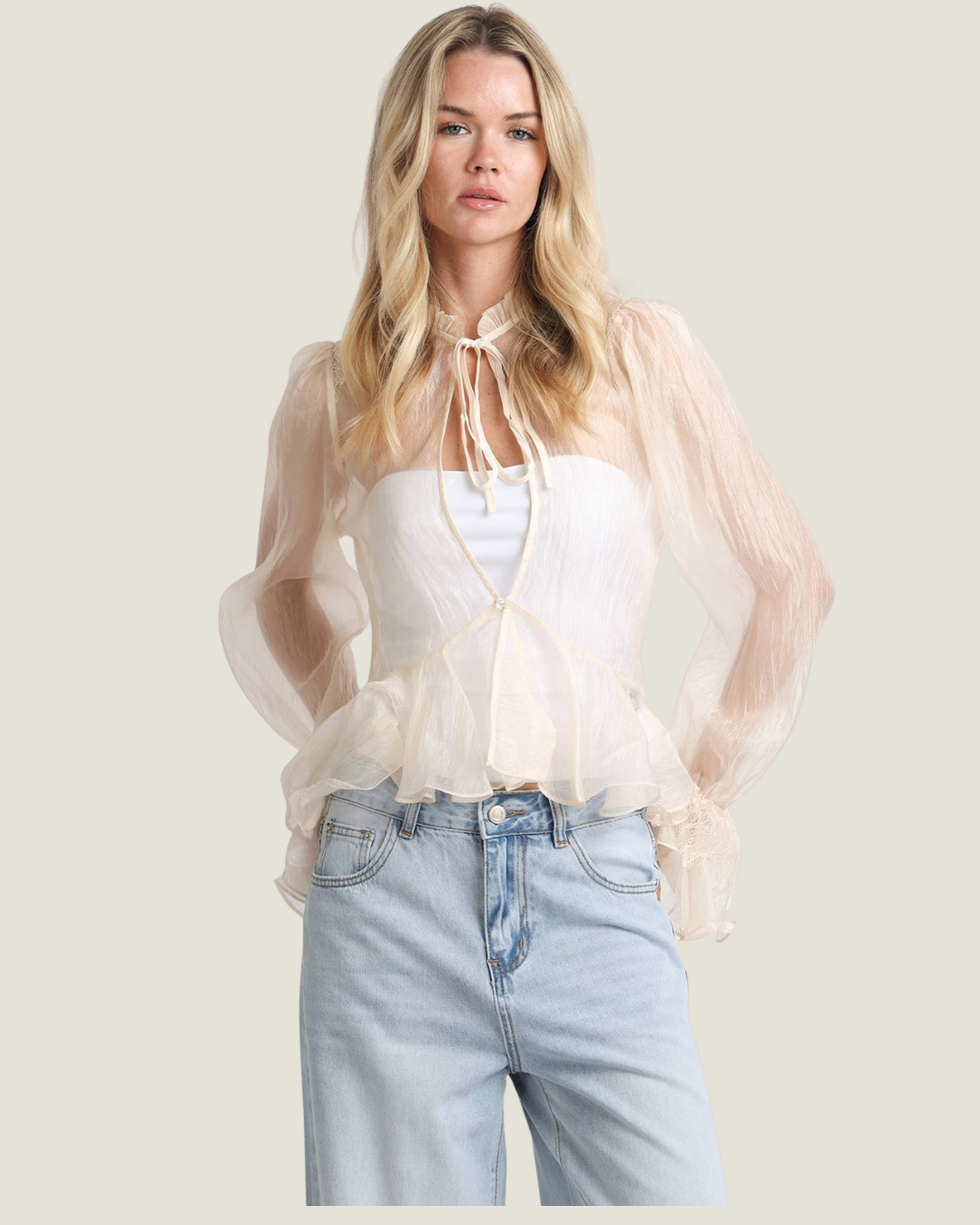 Sage Keyhole Ruffled Saffron Blouse Top