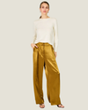 Women's Barrett Satin Pants featuring a wide-leg silhouette, pleated detailing, hip slant pockets, and adjustable ankle ties.