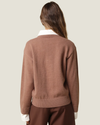 Women's Alina Collar Knit Sweater in brown with a contrast white pointed collar, button-front neckline, and long sleeves.