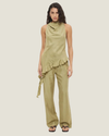 Women's Eadie Asymmetrical Draped Top in green and purple, featuring a silky satin finish, cowl neckline, and statement asymmetric flounce hem.