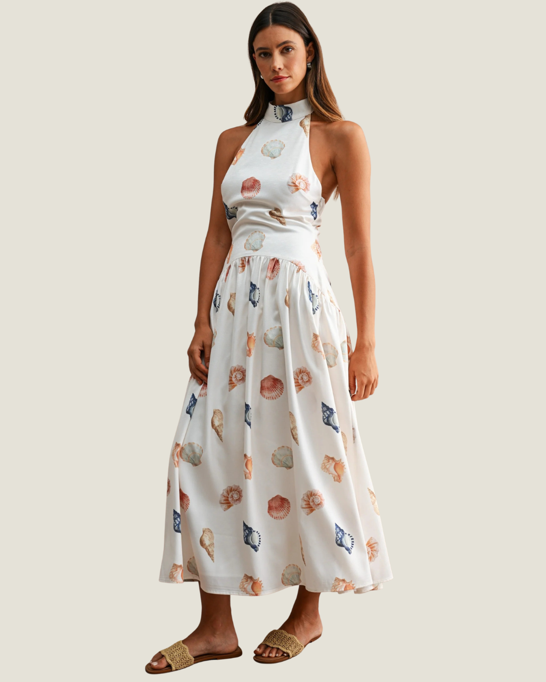 Marina Shell Print Drop Waist Halter Dress