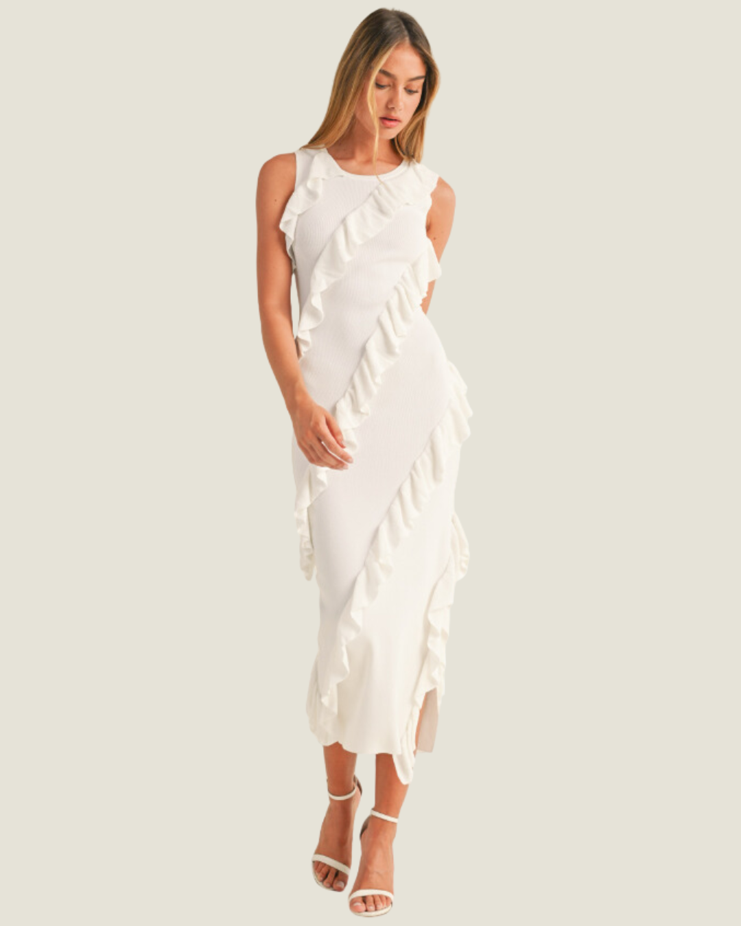 The Katherine: Asymmetric Ruffle Knit Midi Dress