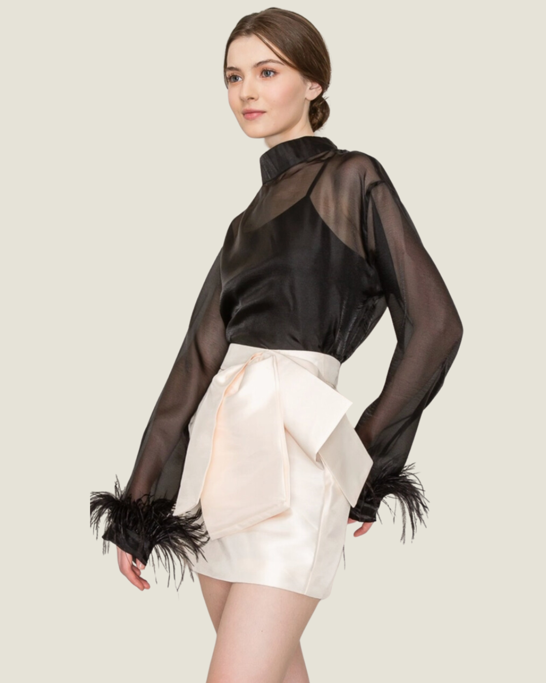 The Jingle: High Neck Long Sleeve Sheer Feather Trimmed Blouse