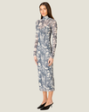 Women's Moonfall Mesh Midi Dress featuring a fitted column silhouette, sheer stretch mesh, mock neckline, and long sleeves.
