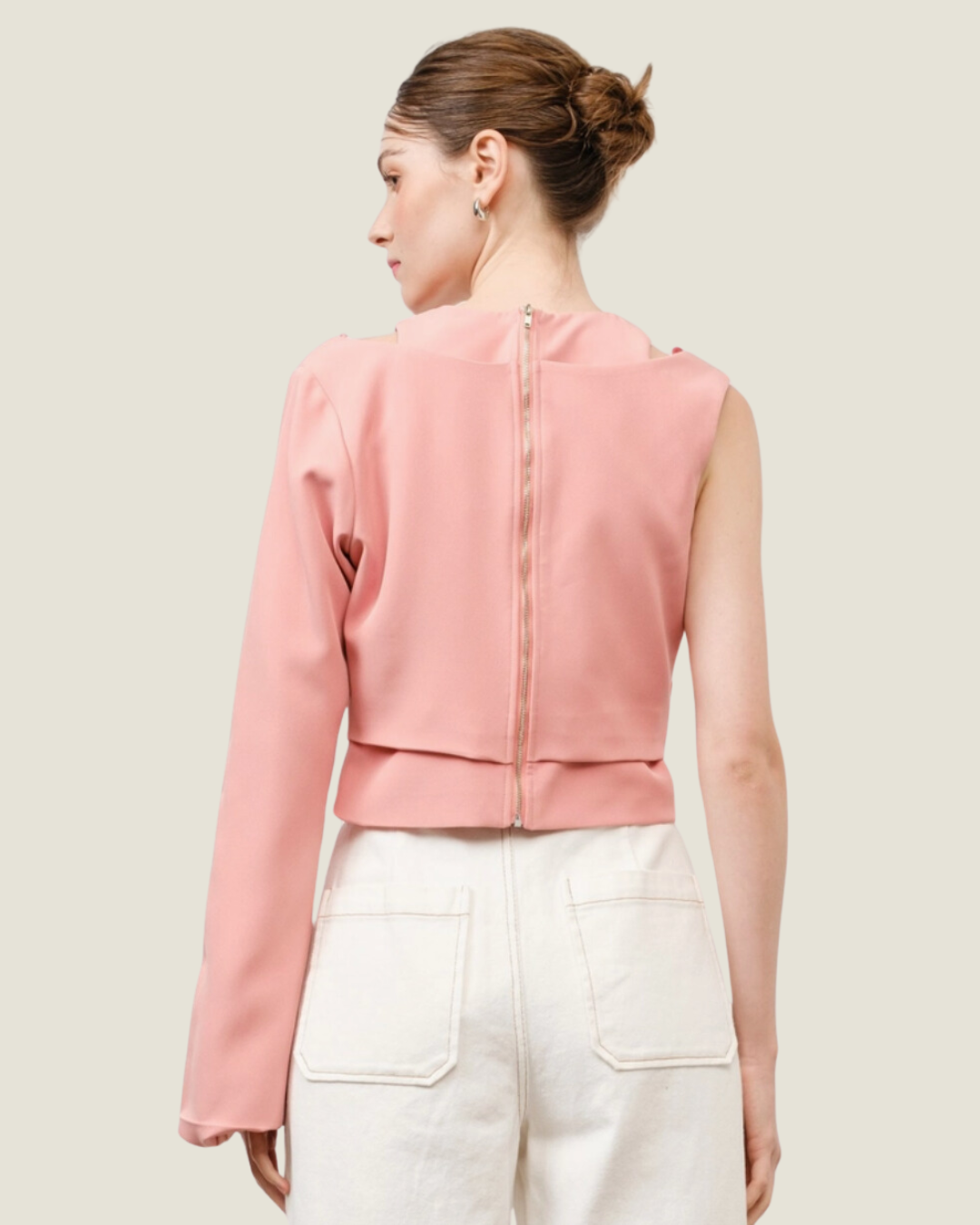 The Lena: Blush Round Neck Asymmetrical Sleeve Cut-Out Crop Top