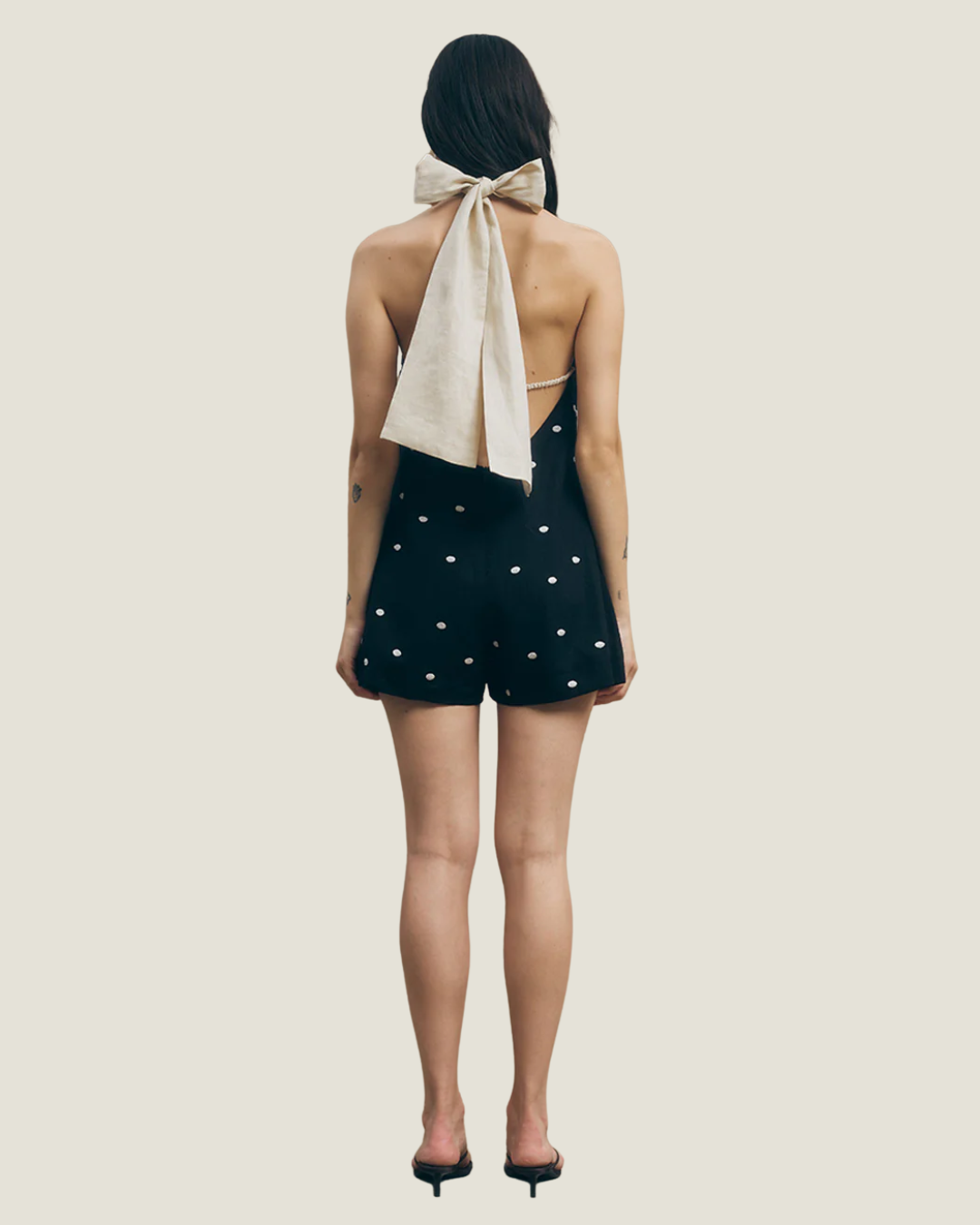 Nica Linen Embroidered Dot Romper w Tie Back