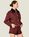 Women's Norma Check Jacket featuring a classic check pattern, contrast collar, long sleeves, snap-button closure, and front pocket.