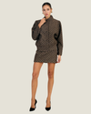 Women's Millie Polka Dot Tweed Jacket by Line & Dot featuring flocked polka dots, padded shoulders, a mock neckline, and button-front closure.