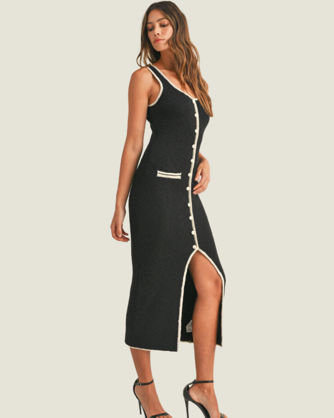 The Adriana: Sleeveless Contrast Binding Midi Dress