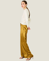 Women's Barrett Satin Pants featuring a wide-leg silhouette, pleated detailing, hip slant pockets, and adjustable ankle ties.
