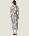 Women's Moonfall Mesh Midi Dress featuring a fitted column silhouette, sheer stretch mesh, mock neckline, and long sleeves.