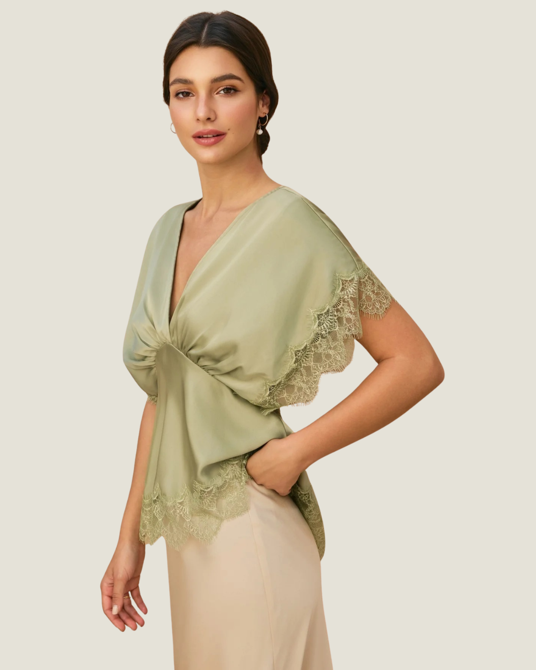 Celine Sage Green Satin Lace Trim Top