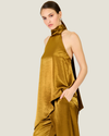 Women's Barrett Satin Halter Top featuring a sleeveless silhouette, adjustable self-tie neckline, and smooth satin finish.