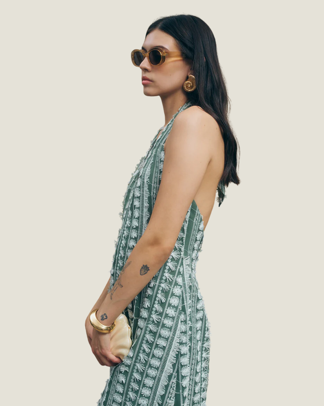 Tussah Embroidered Halter Midi Dress