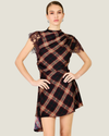 Women's Kristopher Plaid Mini Dress by Line & Dot featuring a plaid print, mock neckline, short sleeves, lace trim, and asymmetric hem.