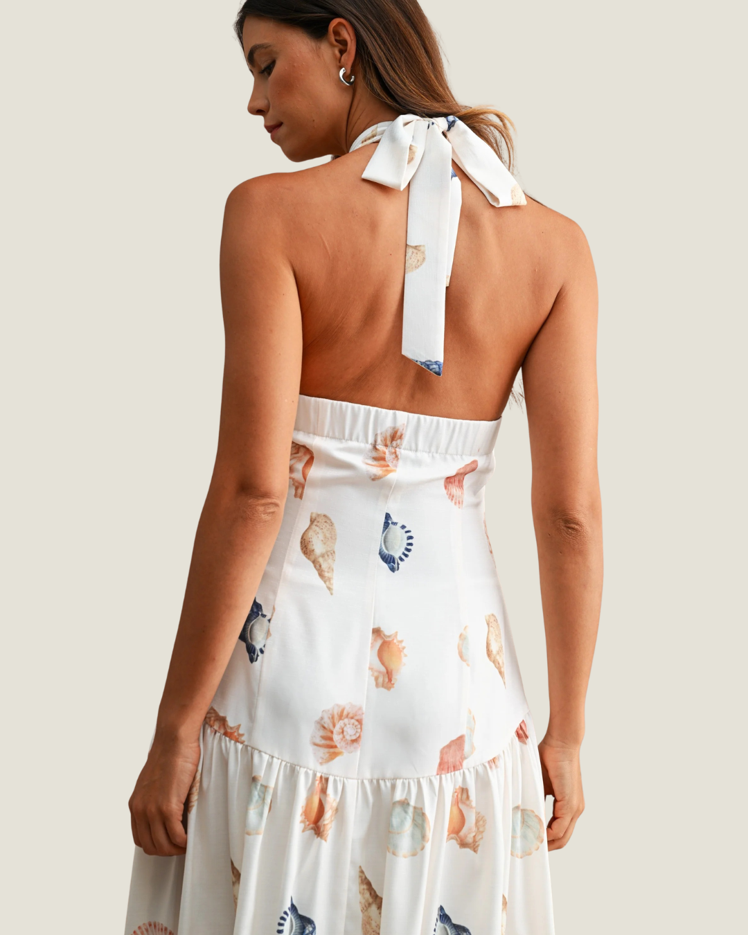 Marina Shell Print Drop Waist Halter Dress