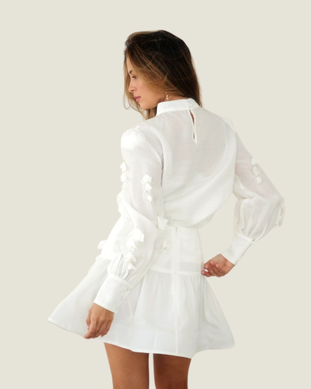 The Whitney: Ivory Mock Neck Floral Trim Blouse