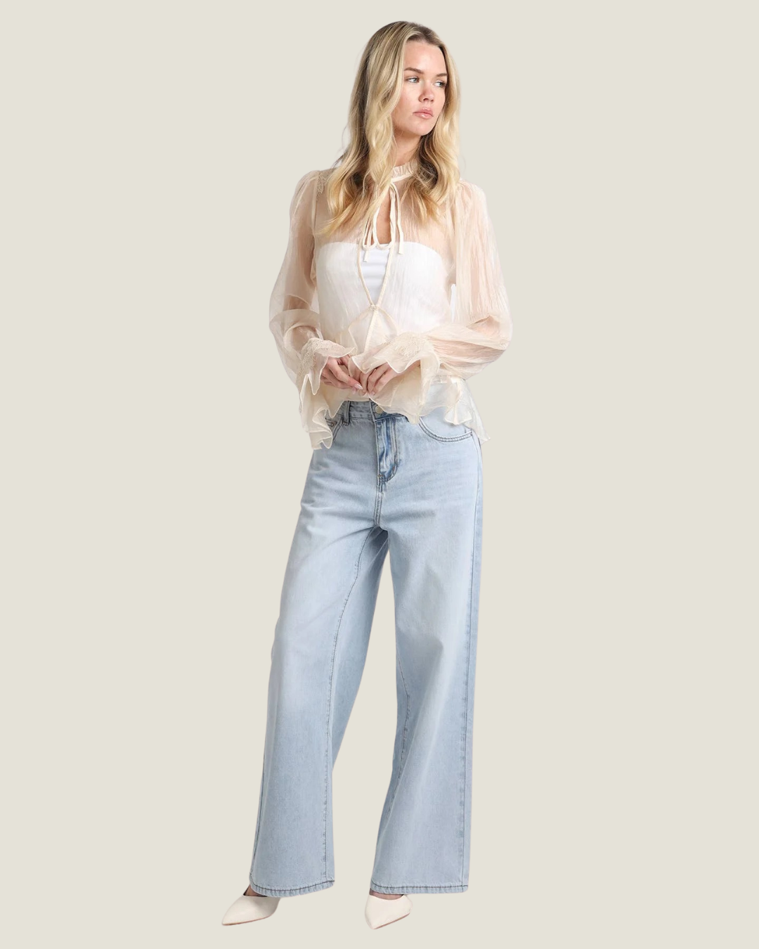 Sage Keyhole Ruffled Saffron Blouse Top