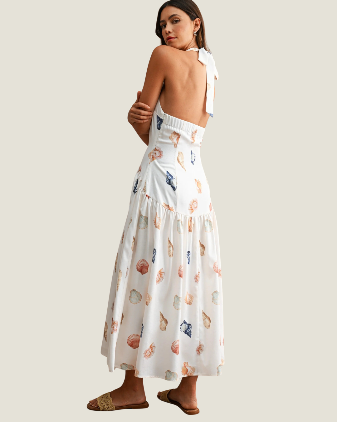 Marina Shell Print Drop Waist Halter Dress