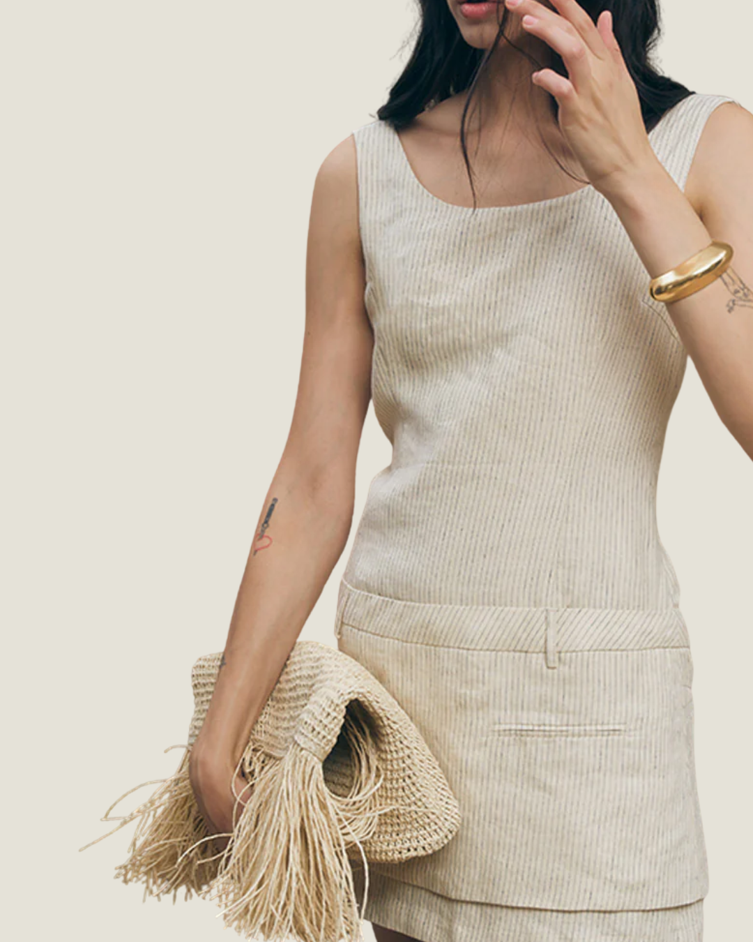 Jade Linen Stripe A Line Double Layer Mini Dress